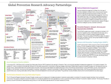 Global Prevention Research Advocacy Partnerships Good Participatory Practice Initiative In November 2007, UNAIDS and AVAC published Good Participatory.