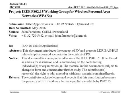 Doc.: IEEE 802. 15-06-0249-00-0ban-LDR_PN_Apps Submission Jacksonville, FL May 2006 J. Farserotu, CSEM, CHSlide 1 Project: IEEE P802.15 Working Group for.