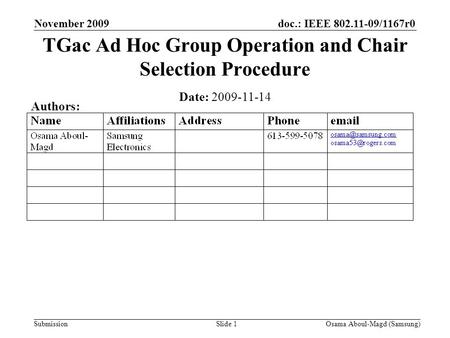 Doc.: IEEE 802.11-09/1167r0 Submission November 2009 Osama Aboul-Magd (Samsung)Slide 1 TGac Ad Hoc Group Operation and Chair Selection Procedure Date: