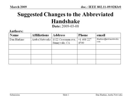Doc.: IEEE 802.11-09/0283r0 Submission March 2009 Dan Harkins, Aruba NetworksSlide 1 Suggested Changes to the Abbreviated Handshake Date: 2009-03-08 Authors:
