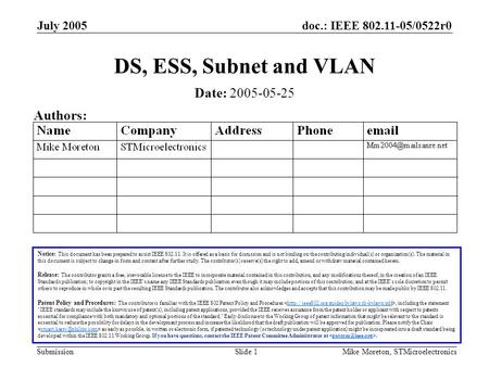 Doc.: IEEE 802.11-05/0522r0 Submission July 2005 Mike Moreton, STMicroelectronicsSlide 1 DS, ESS, Subnet and VLAN Notice: This document has been prepared.