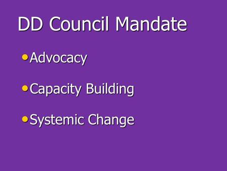 DD Council Mandate Advocacy Advocacy Capacity Building Capacity Building Systemic Change Systemic Change.