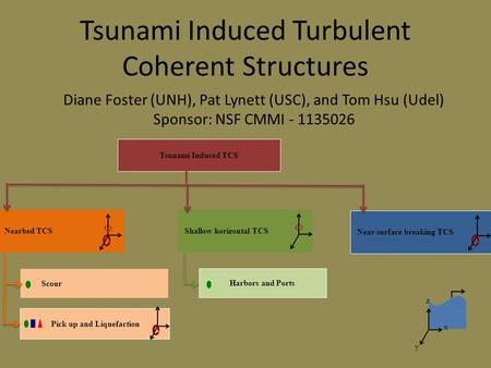 Tsunami Induced Turbulent Coherent Structures Tsunami Induced TCS Nearbed TCS Shallow horizontal TCS Near-surface breaking TCS Harbors and Ports Pick up.