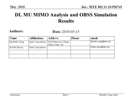 Doc.: IEEE 802.11-10/0567r0 Submission Slide 1Michelle Gong, Intel May 2010 DL MU MIMO Analysis and OBSS Simulation Results Date: 2010-05-15 Authors: