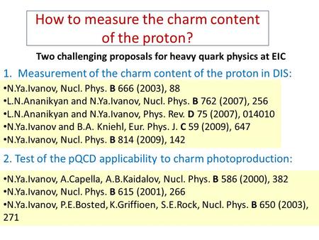 How to measure the charm content of the proton? Two challenging proposals for heavy quark physics at EIC 2. Test of the pQCD applicability to charm photoproduction: