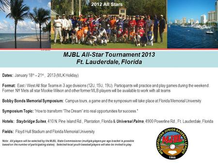 MJBL All-Star Tournament 2013 Ft. Lauderdale, Florida Dates: January 18 th – 21 st, 2013 (MLK Holiday) Format: East / West All Star Teams in 3 age divisions.