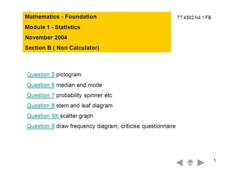 TT 4302 N4 1 FB 1 Mathematics - Foundation Module 1 - Statistics November 2004 Section B ( Non Calculator) Question 5Question 5 pictogram Question 6Question.