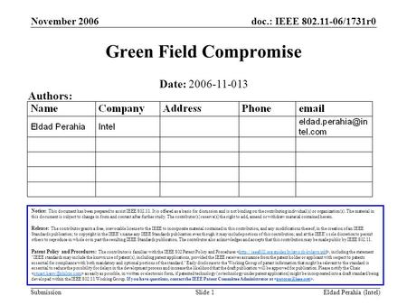 Doc.: IEEE 802.11-06/1731r0 Submission November 2006 Eldad Perahia (Intel)Slide 1 Green Field Compromise Notice: This document has been prepared to assist.