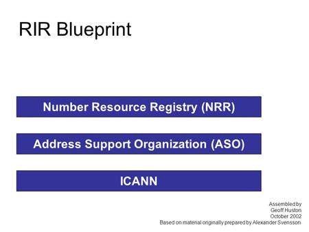 RIR Blueprint Number Resource Registry (NRR) Address Support Organization (ASO) ICANN Assembled by Geoff Huston October 2002 Based on material originally.
