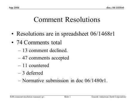 Doc.: 06/1535r0 lb86-comment-resolution-summary-gv Sep 2006 Ganesh venkatesan (Intel Corporation)Slide 1 Comment Resolutions Resolutions are in spreadsheet.