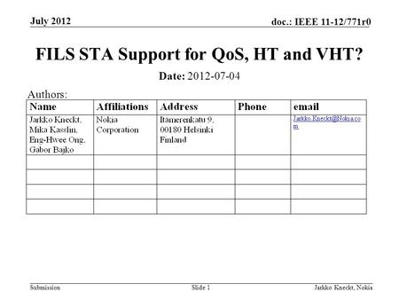 Submission doc.: IEEE 11-12/771r0 July 2012 Jarkko Kneckt, NokiaSlide 1 FILS STA Support for QoS, HT and VHT? Date: 2012-07-04 Authors: