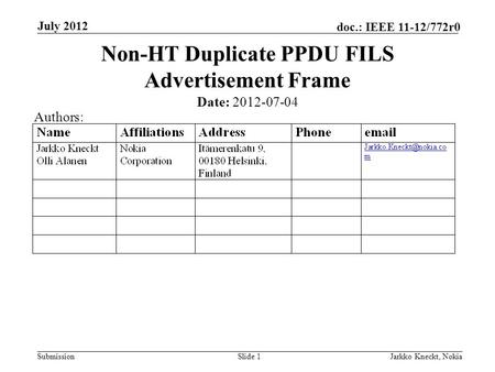 Submission doc.: IEEE 11-12/772r0 July 2012 Jarkko Kneckt, NokiaSlide 1 Non-HT Duplicate PPDU FILS Advertisement Frame Date: 2012-07-04 Authors: