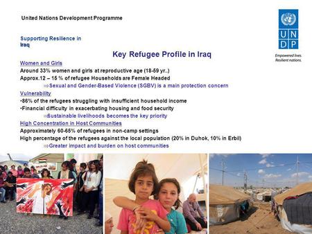 Supporting Resilience inIraq Key Refugee Profile in Iraq Women and Girls Around 33% women and girls at reproductive age (18-59 yr..) Approx.12 – 15 % of.