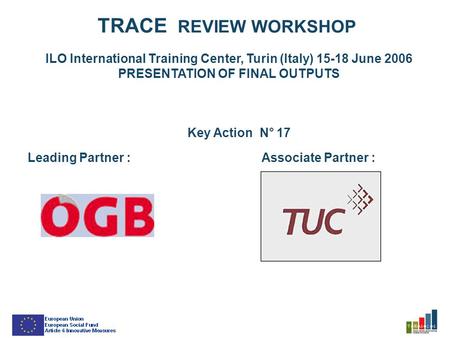 TRACE REVIEW WORKSHOP ILO International Training Center, Turin (Italy) 15-18 June 2006 PRESENTATION OF FINAL OUTPUTS Key Action N° 17 Leading Partner :Associate.