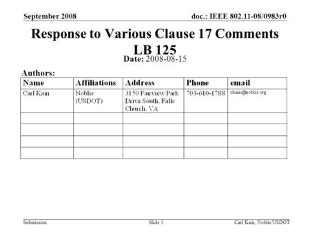 Doc.: IEEE 802.11-08/0983r0 Submission September 2008 Carl Kain, Noblis/USDOTSlide 1 Response to Various Clause 17 Comments LB 125 Date: 2008-08-15 Authors: