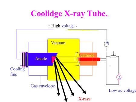 Coolidge X-ray Tube. + High voltage - Anode cathode Cooling fins A Vacuum Low ac voltage Gas envelope A X-rays.