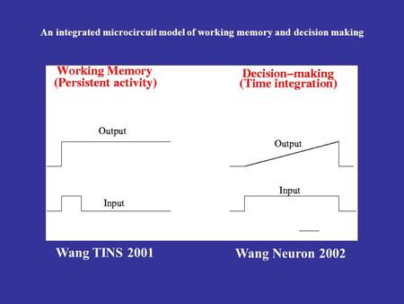 Wang TINS 2001 Wang Neuron 2002 An integrated microcircuit model of working memory and decision making.