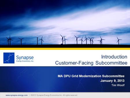Introduction Customer-Facing Subcommittee MA DPU Grid Modernization Subcommittee January 9, 2013 Tim Woolf www.synapse-energy.com | ©2013 Synapse Energy.