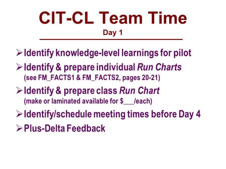 CIT-CL Team Time Day 1  Identify knowledge-level learnings for pilot  Identify & prepare individual Run Charts (see FM_FACTS1 & FM_FACTS2, pages 20-21)