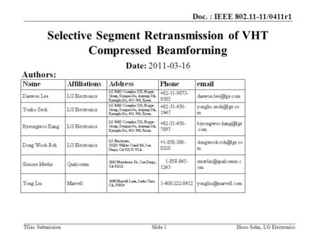 Doc. : IEEE 802.11-11/0411r1 TGac Submission Selective Segment Retransmission of VHT Compressed Beamforming Date: 2011-03-16 Slide 1 Authors: Illsoo Sohn,