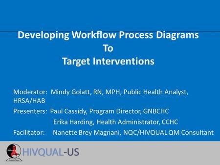 Developing Workflow Process Diagrams To Target Interventions Moderator: Mindy Golatt, RN, MPH, Public Health Analyst, HRSA/HAB Presenters: Paul Cassidy,
