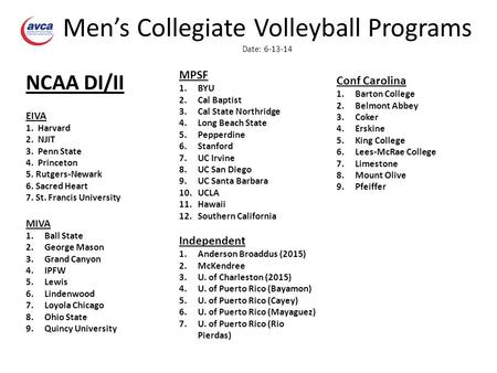 Men’s Collegiate Volleyball Programs Date: 6-13-14 NCAA DI/II EIVA 1. Harvard 2. NJIT 3. Penn State 4. Princeton 5. Rutgers-Newark 6. Sacred Heart 7. St.