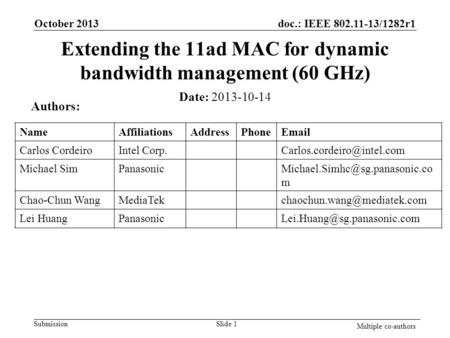 Doc.: IEEE 802.11-13/1282r1 Submission Extending the 11ad MAC for dynamic bandwidth management (60 GHz) October 2013 Slide 1 Multiple co-authors Date: