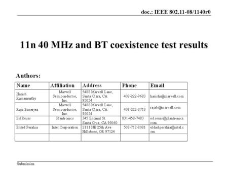 Doc.: IEEE 802.11-08/1140r0 Submission 11n 40 MHz and BT coexistence test results Authors: