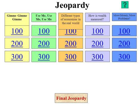 Jeopardy 100 200 300 100 200 300 100 200 300 100 200 300 100 200 300 Gimme Gimme Gimme Use Me, Use Me, Use Me Different types of economies in the real.
