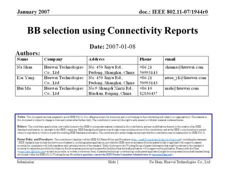 Doc.: IEEE 802.11-07/1944r0 Submission January 2007 Na Shan, Huawei Technologies Co., LtdSlide 1 BB selection using Connectivity Reports Notice: This document.