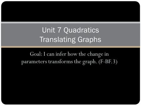 Goal: I can infer how the change in parameters transforms the graph. (F-BF.3) Unit 7 Quadratics Translating Graphs.