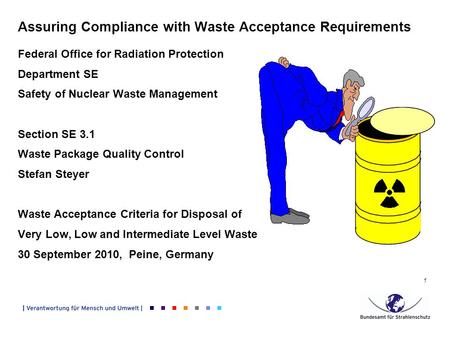 1 Federal Office for Radiation Protection Department SE Safety of Nuclear Waste Management Section SE 3.1 Waste Package Quality Control Stefan Steyer Waste.