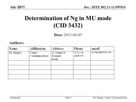 Doc.: IEEE 802.11-11/0995r0 Submission July 2011 Nir Shapira, Celeno Communications Determination of Ng in MU mode (CID 3432) Date: 2011-01-05 Authors: