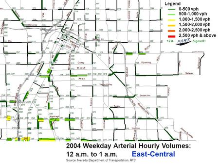 2004 Weekday Arterial Hourly Volumes: 12 a.m. to 1 a.m. East-Central Source: Nevada Department of Transportation, RTC Legend 0-500 vph 500-1,000 vph 1,000-1,500.