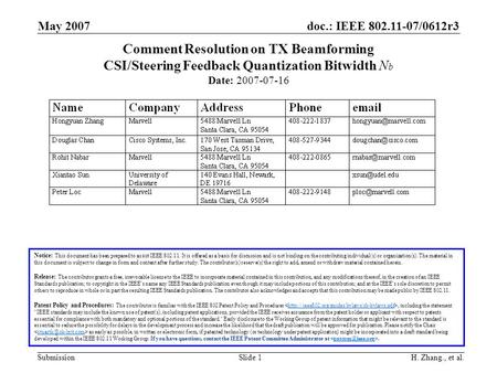 Doc.: IEEE 802.11-07/0612r3 Submission May 2007 H. Zhang., et al.Slide 1 Comment Resolution on TX Beamforming CSI/Steering Feedback Quantization Bitwidth.