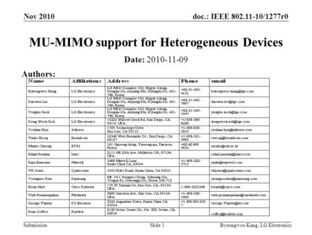Doc.: IEEE 802.11-10/1277r0 Submission MU-MIMO support for Heterogeneous Devices Date: 2010-11-09 Authors: Nov 2010 Slide 1Byeongwoo Kang, LG Electronics.