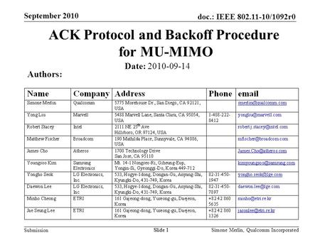 Slide 1 doc.: IEEE 802.11-10/1092r0 Submission Simone Merlin, Qualcomm Incorporated September 2010 Slide 1 ACK Protocol and Backoff Procedure for MU-MIMO.