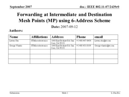 Doc.: IEEE 802.11-07/2439r0 Submission September 2007 L.Chu Etc.Slide 1 Forwarding at Intermediate and Destination Mesh Points (MP) using 6-Address Scheme.