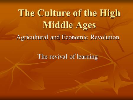 The Culture of the High Middle Ages