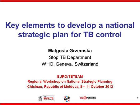 Key elements to develop a national strategic plan for TB control Malgosia Grzemska Stop TB Department WHO, Geneva, Switzerland EURO/TBTEAM Regional Workshop.