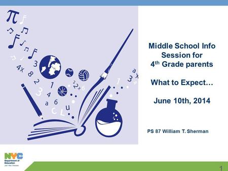 1 Middle School Info Session for 4 th Grade parents What to Expect… June 10th, 2014 PS 87 William T. Sherman.