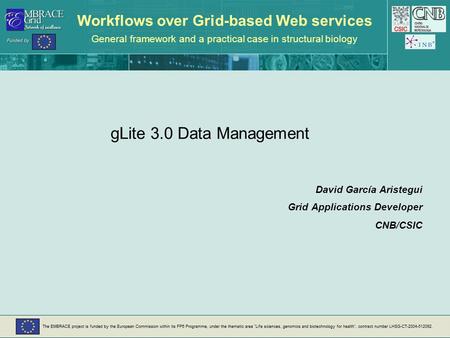 Workflows over Grid-based Web services General framework and a practical case in structural biology gLite 3.0 Data Management David García Aristegui Grid.