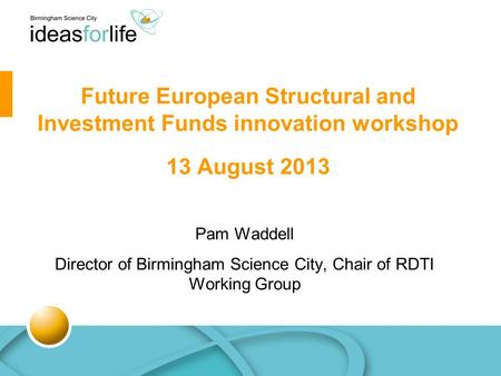 Pam Waddell Director of Birmingham Science City, Chair of RDTI Working Group Future European Structural and Investment Funds innovation workshop 13 August.