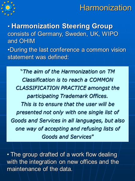 Harmonization Steering Group consists of Germany, Sweden, UK, WIPO and OHIM Harmonization Steering Group consists of Germany, Sweden, UK, WIPO and OHIM.