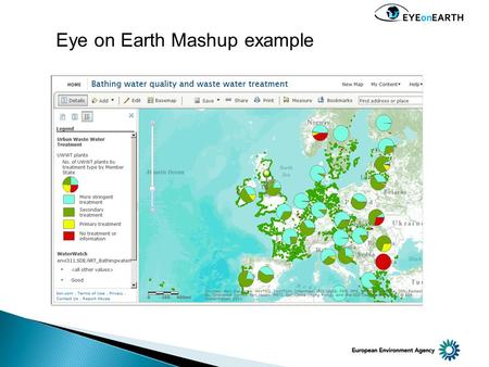 Eye on Earth Mashup example. Create and share maps Add map layers from different sources ‘mashed’ into one map Translate complex scientific data into.
