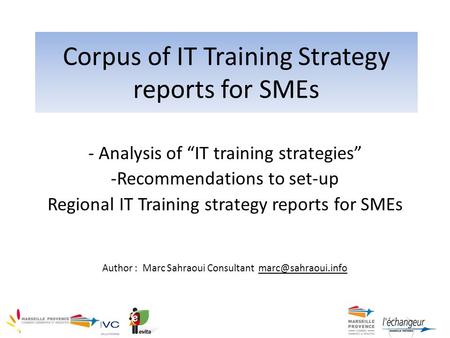 Corpus of IT Training Strategy reports for SMEs - Analysis of “IT training strategies” -Recommendations to set-up Regional IT Training strategy reports.
