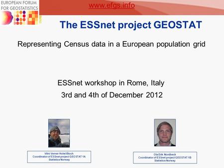 1 The ESSnet project GEOSTAT Vilni Verner Holst Bloch Coordinator of ESSnet project GEOSTAT 1A Statistics Norway Representing Census data in a European.