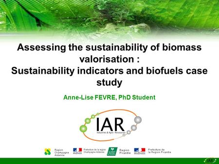 Assessing the sustainability of biomass valorisation : Sustainability indicators and biofuels case study Anne-Lise FEVRE, PhD Student.
