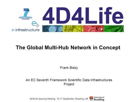 4D4Life Opening Meeting, 15-17 September, Reading, UK The Global Multi-Hub Network in Concept Frank Bisby An EC Seventh Framework Scientific Data Infrastructures.