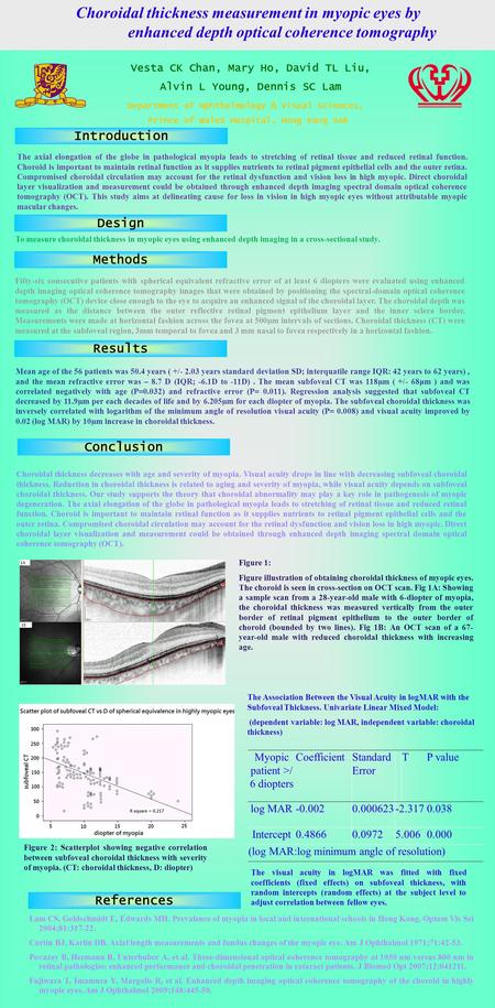 Vesta CK Chan, Mary Ho, David TL Liu, Alvin L Young, Dennis SC Lam Choroidal thickness measurement in myopic eyes by enhanced depth optical coherence tomography.